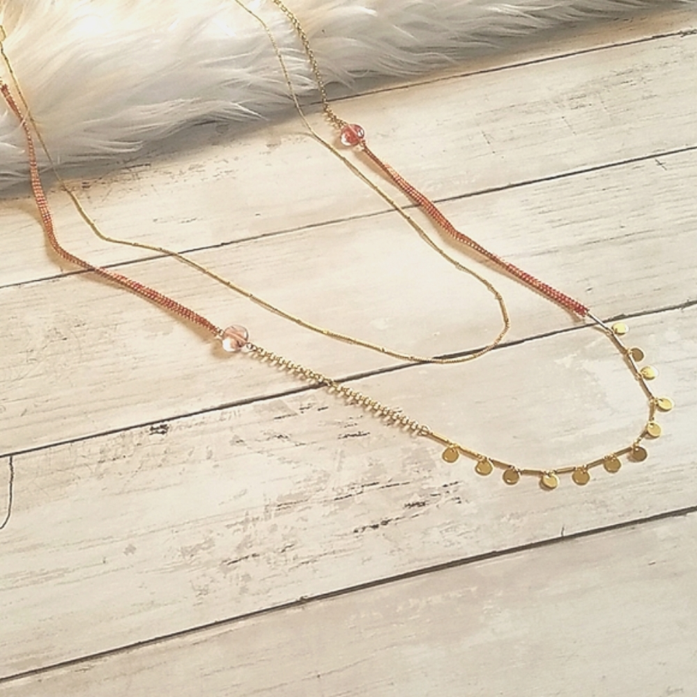 Multi Strand 18 KGP Chain & Pink Quartz Woven Necklace